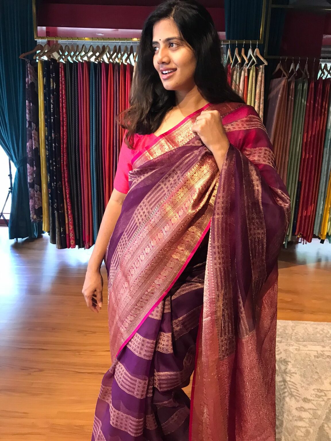 Wine Organza Silk Saree Highlighted With Kanchi Zari Border Mirra