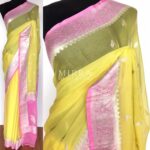 Pastel Yellow Pure Khaddi Banarasi Silk Saree in Chiffon woven in Silver Zari