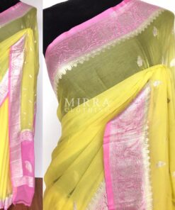 Pastel Yellow Pure Khaddi Banarasi Silk Saree in Chiffon woven in Silver Zari