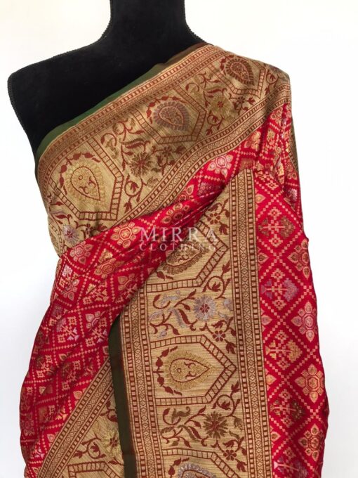 Red Katan Silk Saree with Antique Gold Zari and Meenakari Weaves