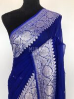 Royal Blue Pure Khaddi Banarasi Silk Saree in Chiffon Woven with Silver Zari Buttas