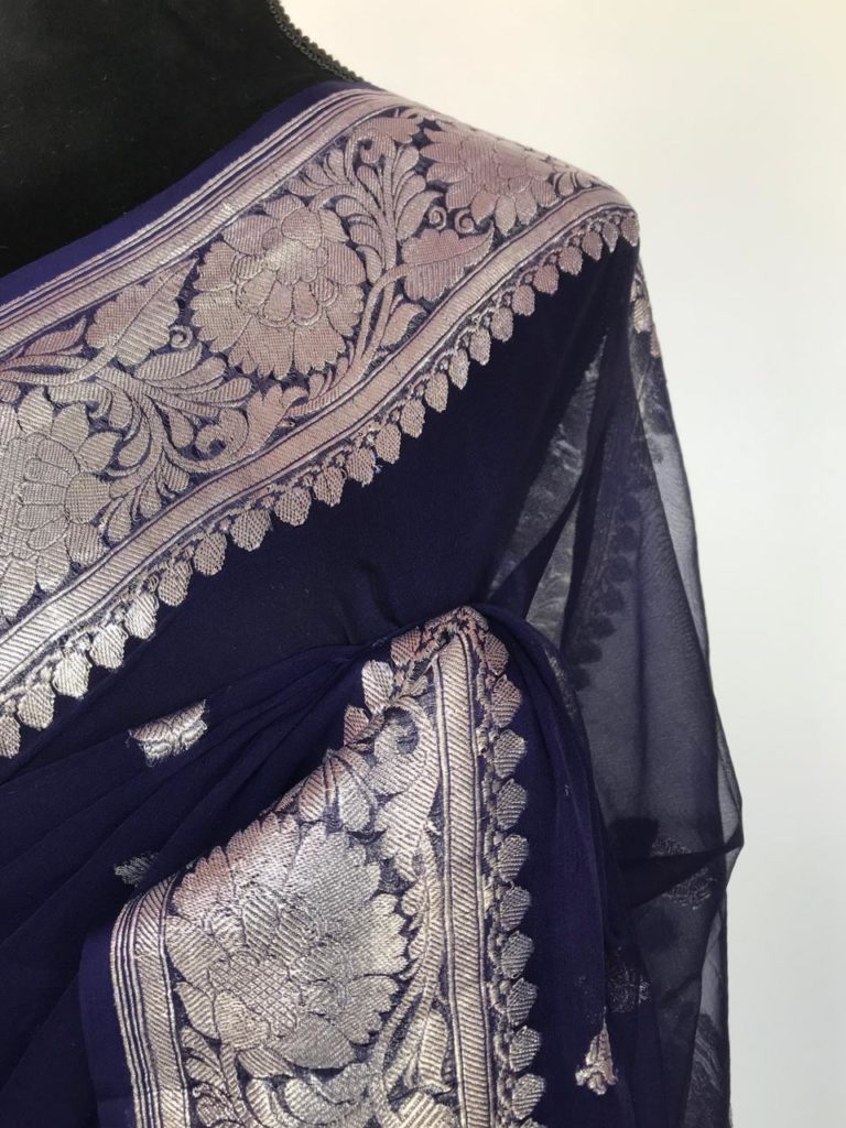 Navy Blue Pure Khaddi Banarasi Chiffon Sarees Woven with Silver Zari Buttas