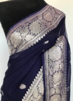 Navy Blue Pure Khaddi Banarasi Silk Saree in Chiffon Woven with Silver Zari Buttas