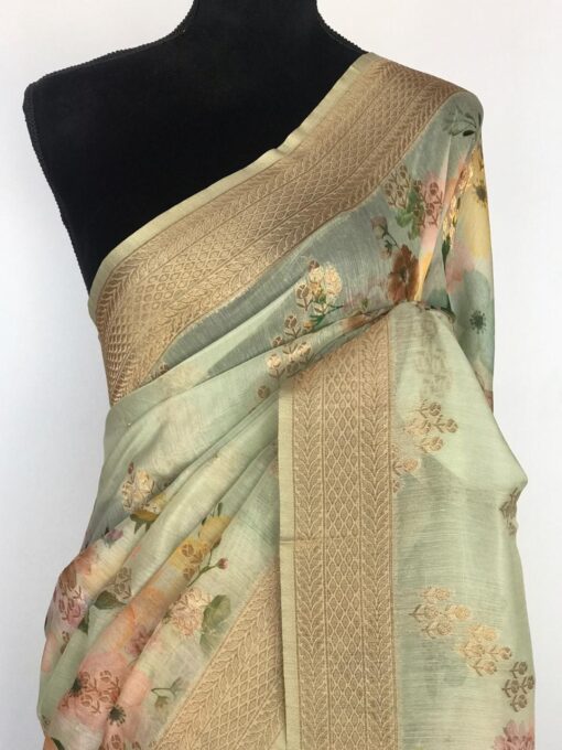 Sea Green Linen Silk Saree with Beautiful Prints along with Antique Zari Border