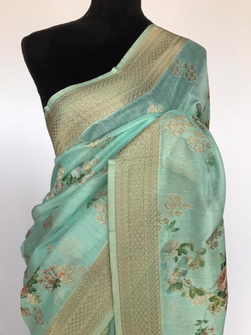 Turquoise Linen Silk Saree with Beautiful Prints along with Antique Zari Border