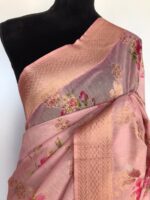 Baby Pink Linen Silk Saree with Beautiful Prints along with Antique Zari Border