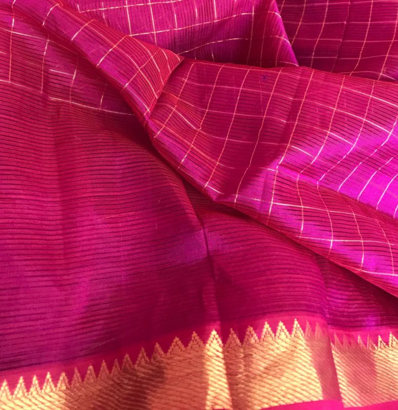 Pink Mangalagiri Silk Saree with gold zari checks - Mirra Clothing