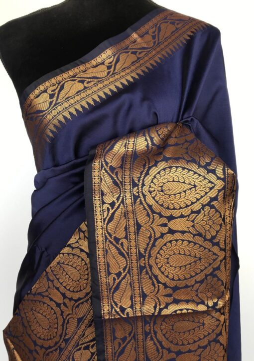 Navy Blue Banarasi Silk Saree with gold zari buttas all over