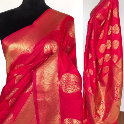 Ruby Pink Banarasi Silk Saree with Gold Zari Weaves