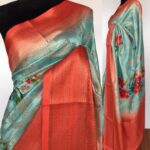 Blue Cotton Silk Saree with Printed Florals and dark orange border