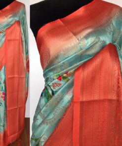 Blue Cotton Silk Saree with Printed Florals and dark orange border