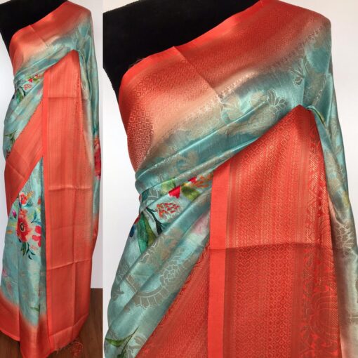 Blue Cotton Silk Saree with Printed Florals and dark orange border