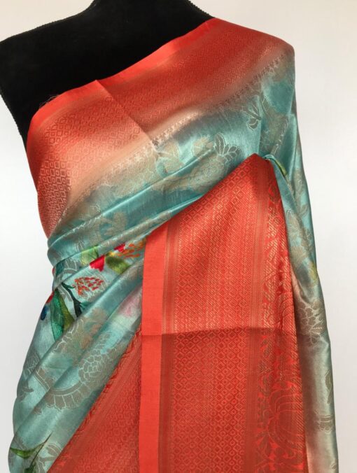 Blue Cotton Silk Saree with Printed Florals and dark orange border