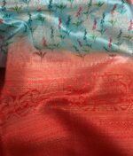 Blue Cotton Silk Saree with Printed Florals and dark orange border