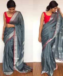 Handwoven Dark Grey Linen Saree