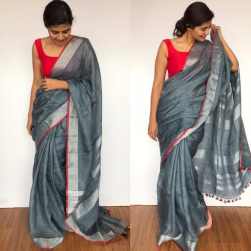 Handwoven Dark Grey Linen Saree