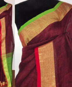 Maroon Linen Saree with green pallu