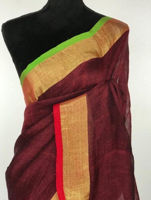 Maroon Linen Saree with green pallu