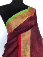 Maroon Linen Saree with green pallu