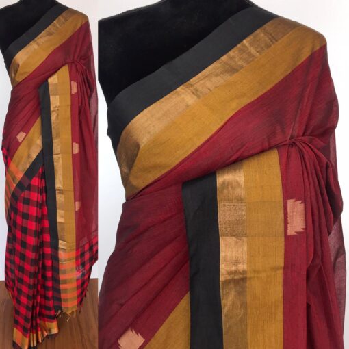 Maroon Negamam Cotton Saree with temple motifs