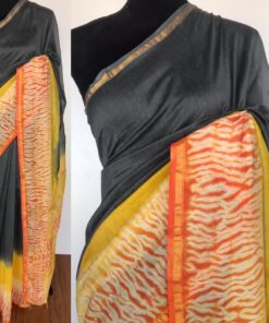 Grey Chanderi Silk Saree with Block Prints