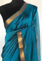 Ocean Blue Mangalagiri Silk Saree with gold zari checks