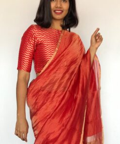 Red Chiniya Silk Saree with Golden Zari Stripes