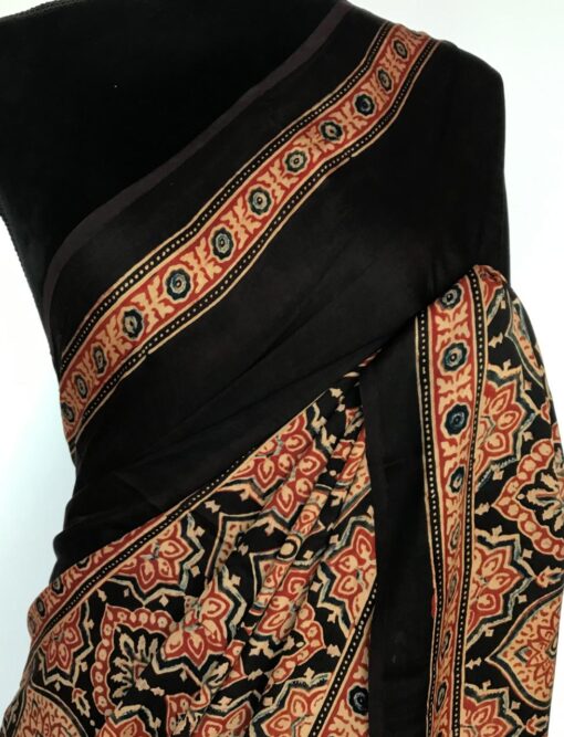 Black Modal Silk Saree with Ajrakh Hand Block Prints