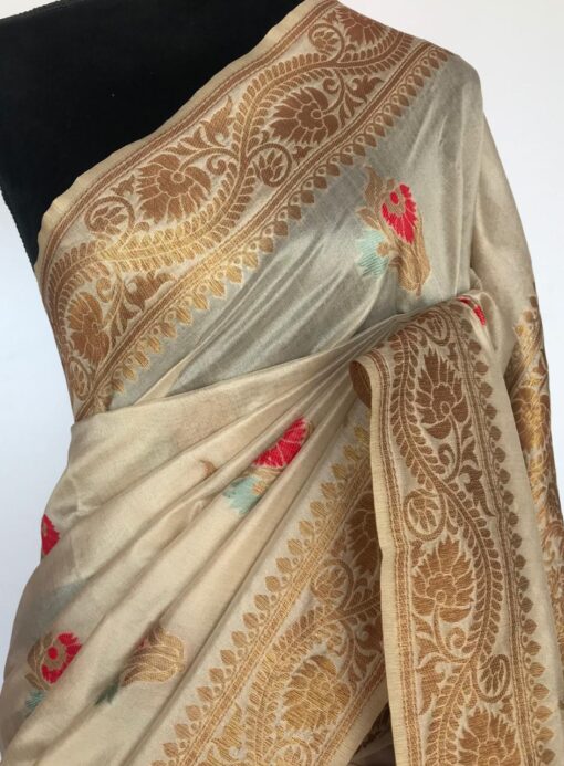 Off White Banarasi Silk Saree with Antique Gold Zari Weaves