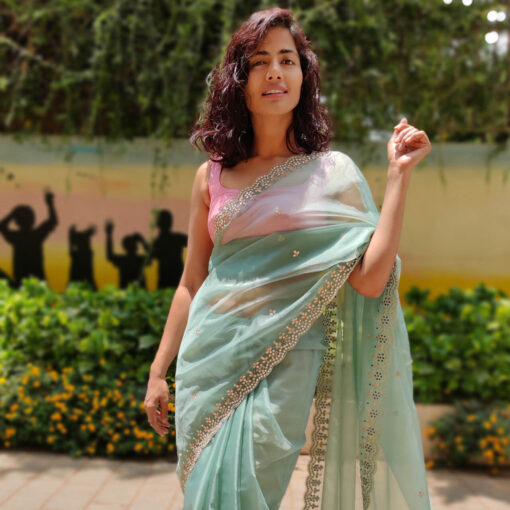 Sea Green Organza Saree with Heavy Embroidery