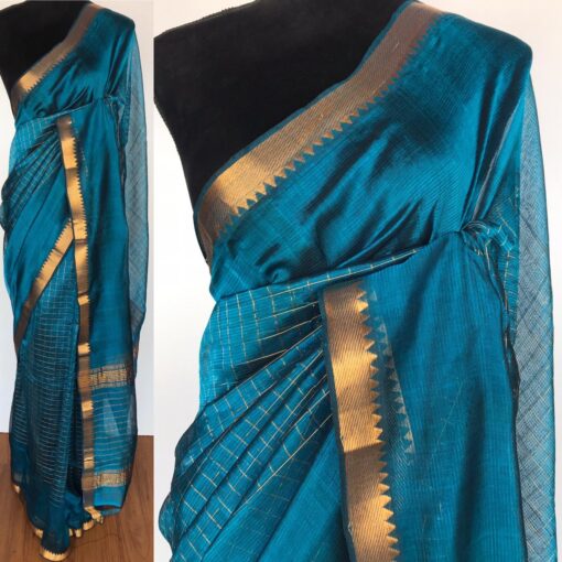 Ocean Blue Mangalagiri Silk Saree with gold zari checks