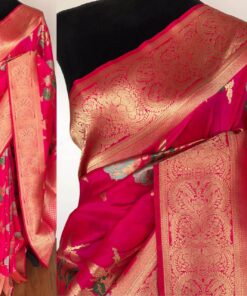 Watermelon Pink Banarasi Silk Saree with Gold Zari Weaves