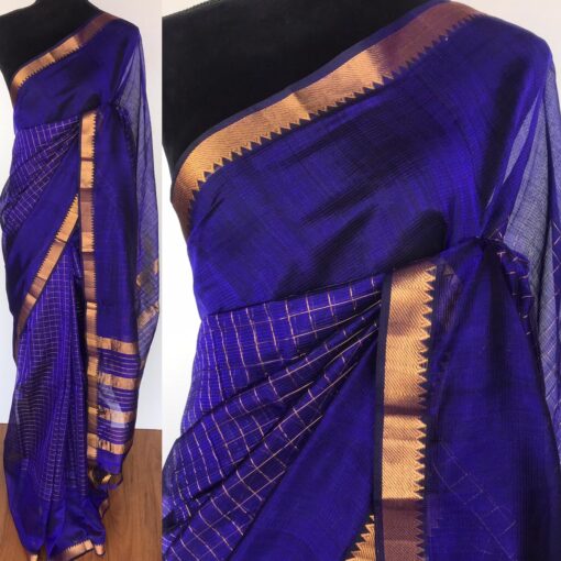 Violet Mangalagiri Silk Saree with gold zari checks