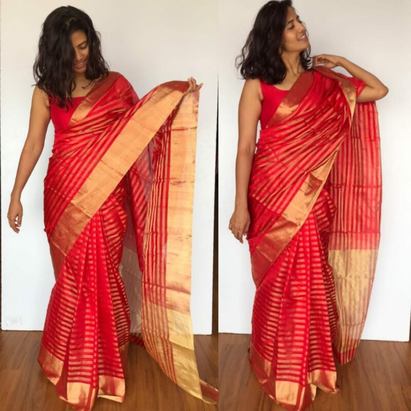 Red Chanderi Silk Saree With Gold Zari Weaves - Mirra Clothing