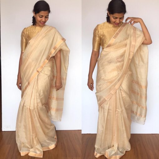 Off white Mangalagiri Silk Saree with gold zari checks