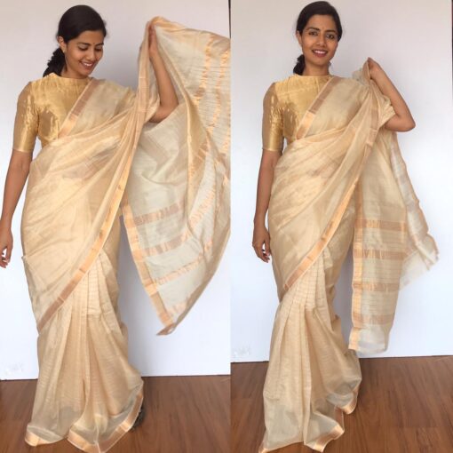 Off white Mangalagiri Silk Saree with gold zari checks