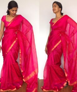 Pink Mangalagiri Silk Saree with gold zari checks