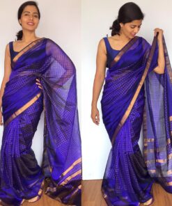 Violet Mangalagiri Silk Saree with gold zari checks