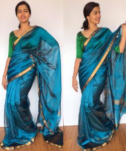 Ocean Blue Mangalagiri Silk Saree with gold zari checks