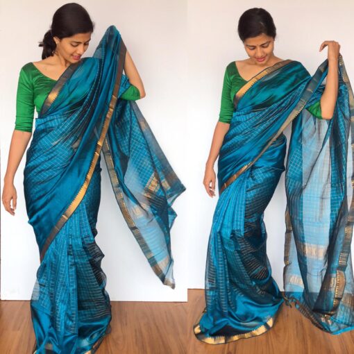 Ocean Blue Mangalagiri Silk Saree with gold zari checks