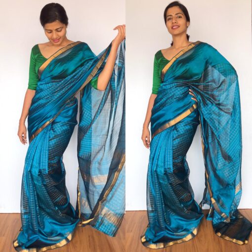 Ocean Blue Mangalagiri Silk Saree with gold zari checks