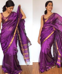 Purple Mangalagiri Silk Saree with gold zari checks