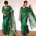 Bottle Green Mangalagiri Silk woven in Gold Zari in Chequered Pattern