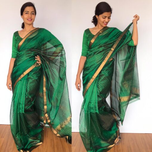 Bottle Green Mangalagiri Silk woven in Gold Zari in Chequered Pattern