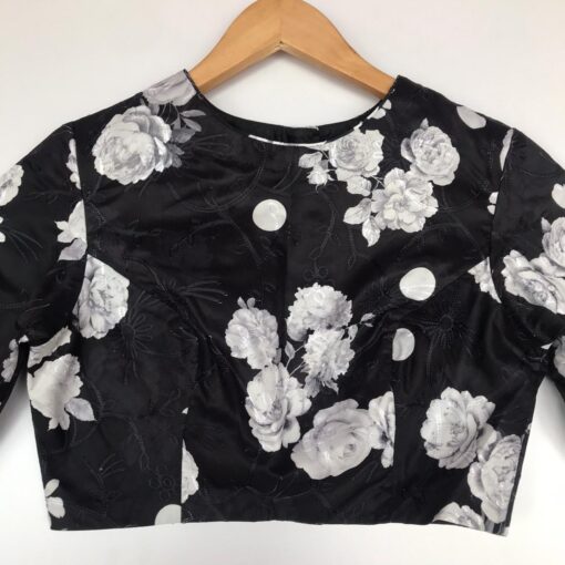 Black Embroidered Georgette Satin Blouse With Floral Prints