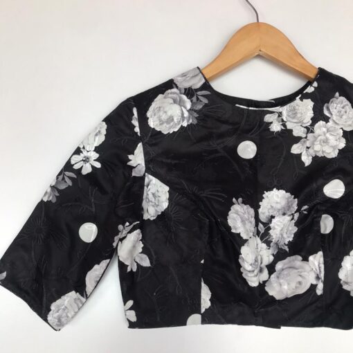 Black Embroidered Georgette Satin Blouse With Floral Prints