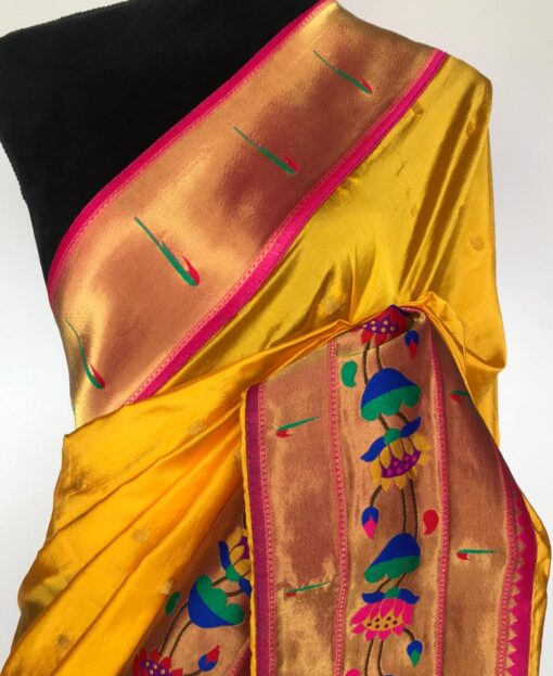 Yellow Banarasi Silk Saree with Paithani Weaves