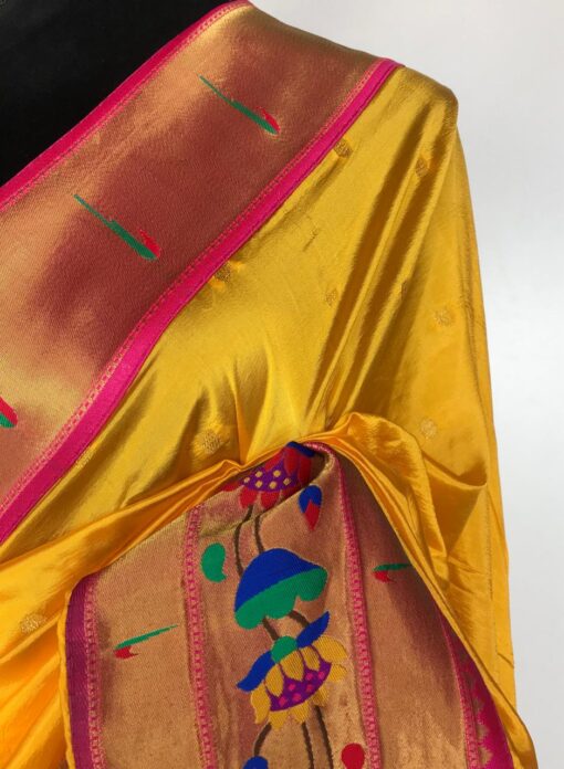 Yellow Banarasi Silk Saree with Paithani Weaves