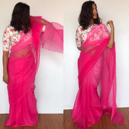 Pink Chiffon Saree with Badla work