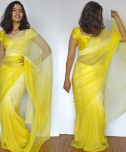 Lime Yellow Chiffon Saree with Badla work